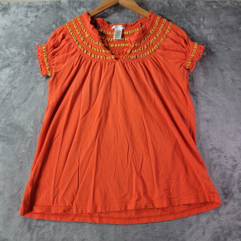 Hannah Petite PL Orange Embroidered Smocked Neck Cotton Modal Top Vibes